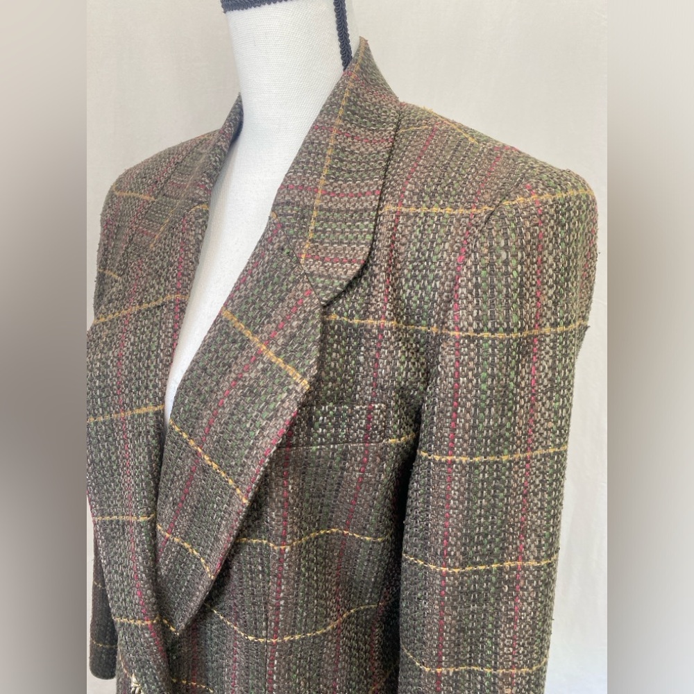 Doncaster Vintage 80s 100% Silk Brown Tweed Multicolor Plaid Longline Blazer 8 - Picture 9 of 17